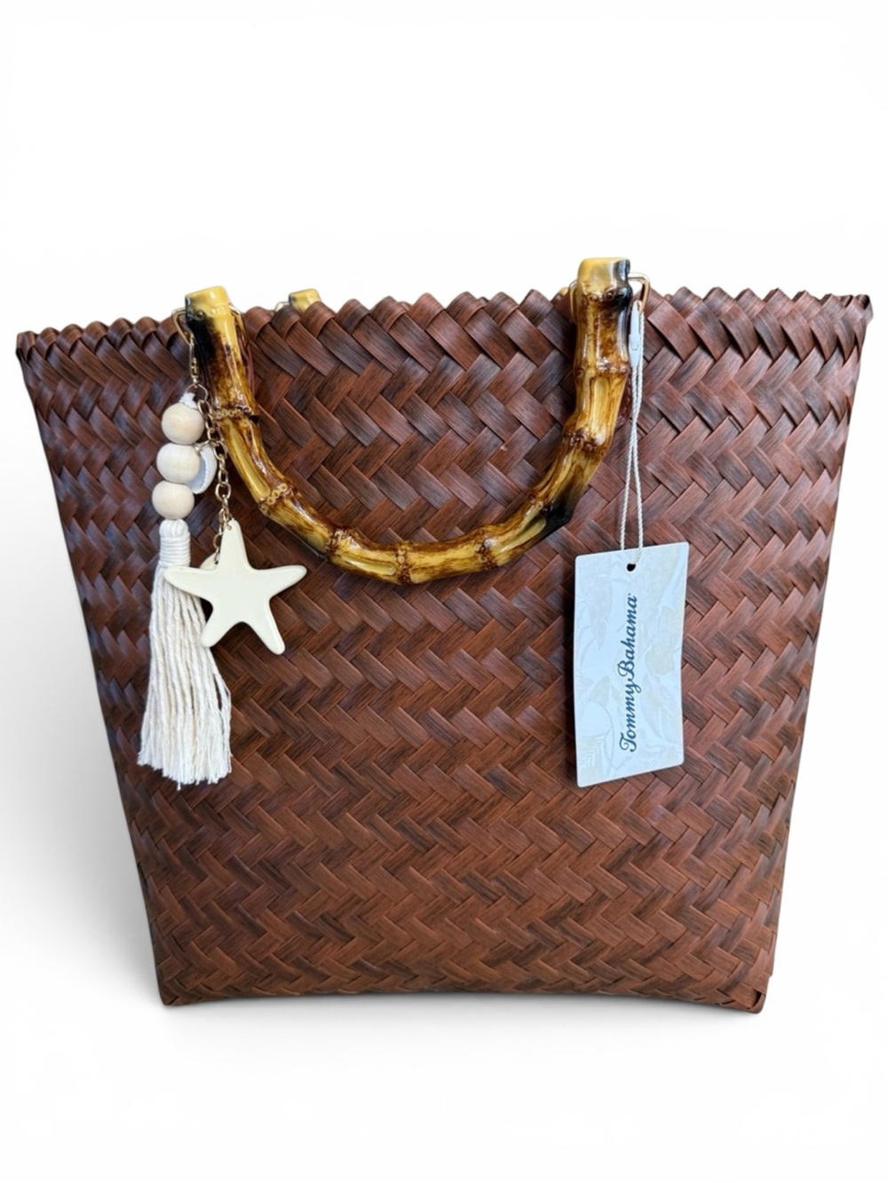NWT Tommy Bahama Hand Woven Brown Beach Tote Bamboo Handles Starfish Tassel - Picture 2 of 14